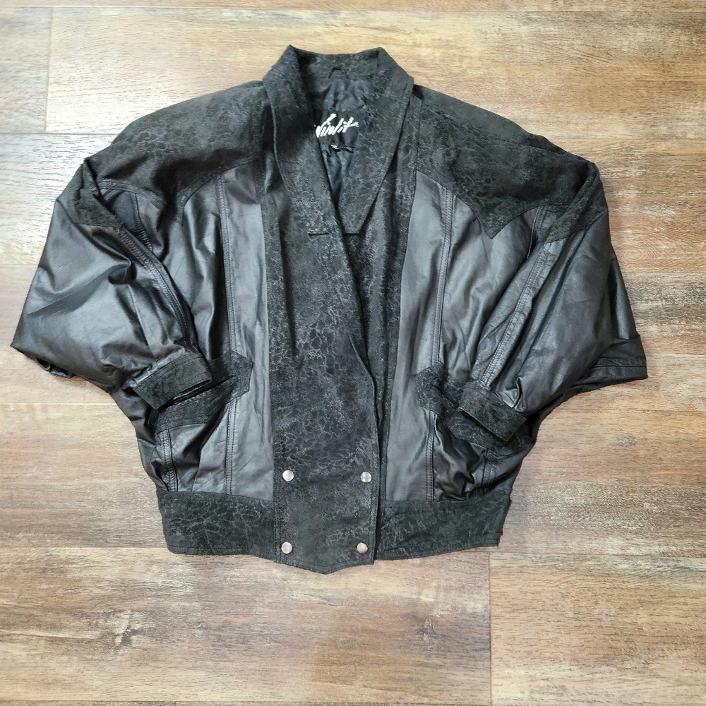 Vintage Winlit Jacket Winged Arms Black Leather Suede  Oversized Retro 80's